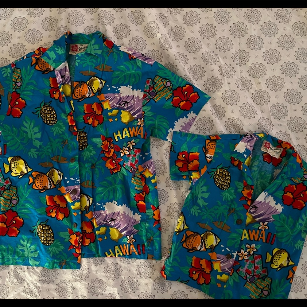 Matching Hilo Hattie’s Hawaiian shirts